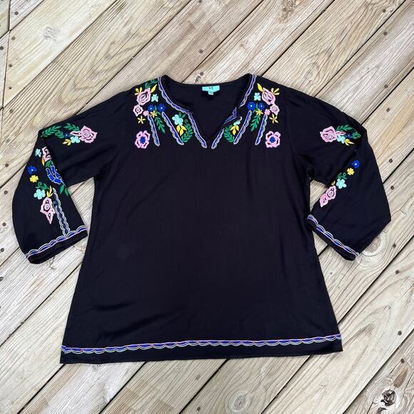 South Main Women's Black Embroidered 3/4 Sleeve Boho Top Size 1X-2X - Picture 1 of 6